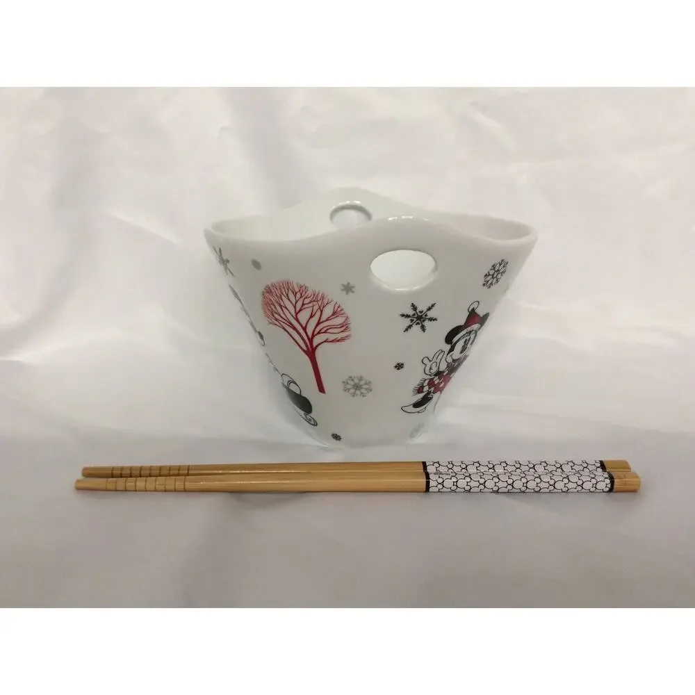 Disney Mickey & Minnie Mouse Christmas Holiday Ramen Bowl Chopsticks Sled Winter